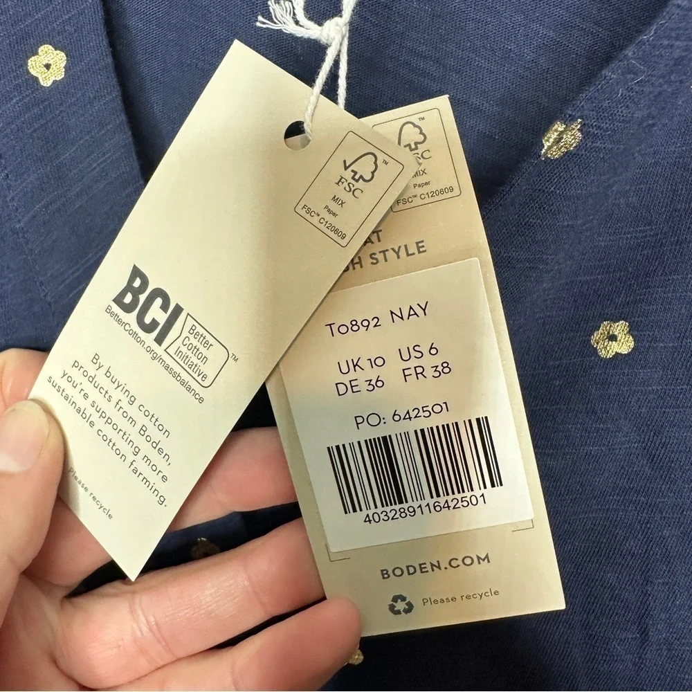 NWT Boden Notch Neck Smocked Frill Top in navy, foil dot - Picture 8 of 11